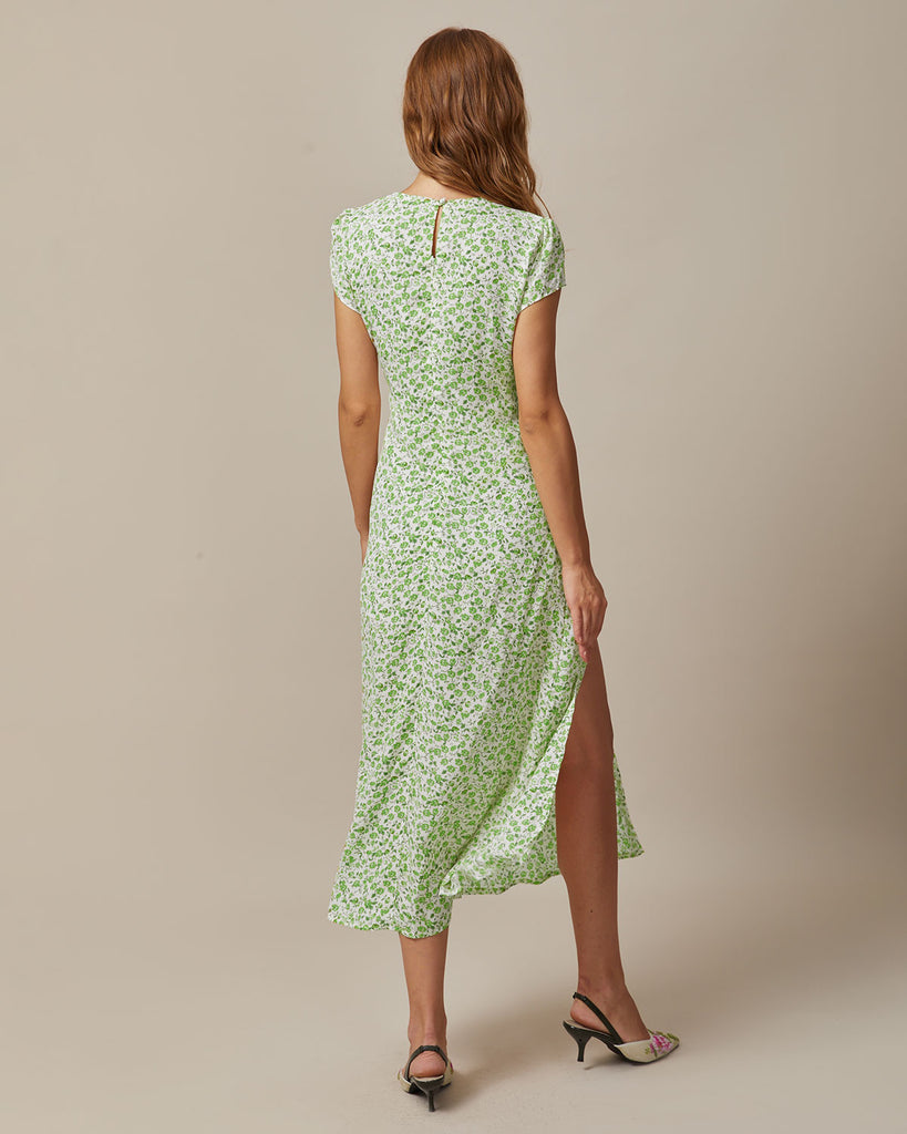 Green Round Neck Floral Midi Dress - RIHOAS