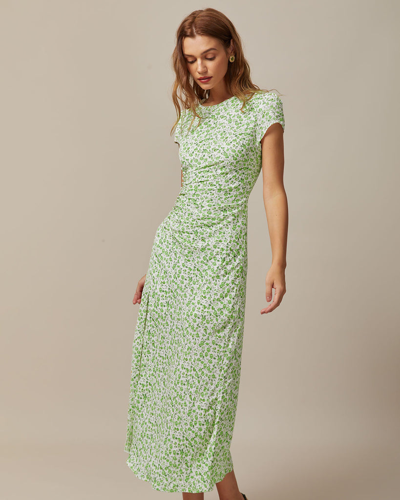 Green Round Neck Floral Midi Dress - RIHOAS