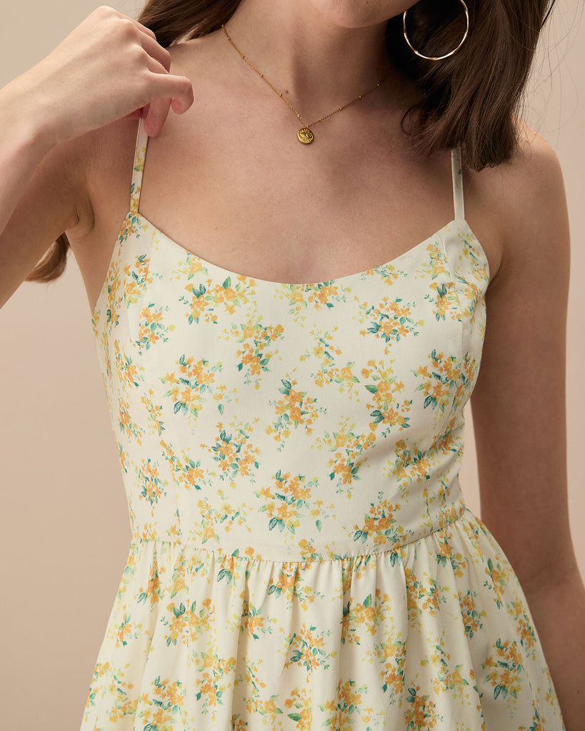 The Ruched Yellow Floral Print Midi Dress Dresses - RIHOAS