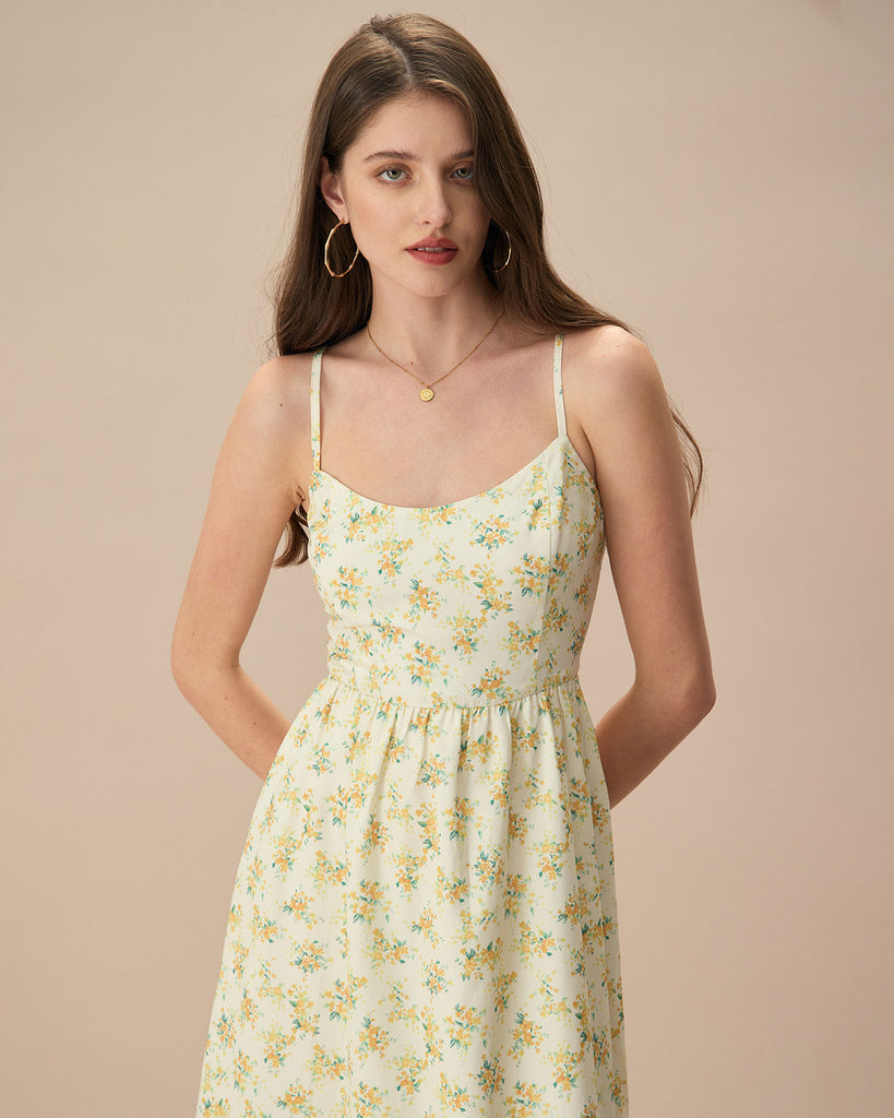 The Ruched Yellow Floral Print Midi Dress Dresses - RIHOAS