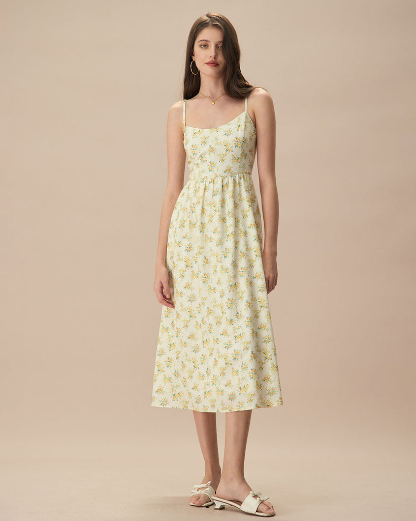 The Ruched Yellow Floral Print Midi Dress Dresses - RIHOAS