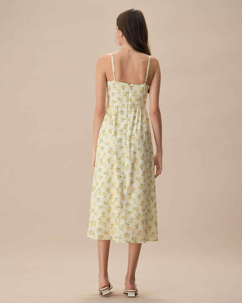 The Ruched Yellow Floral Print Midi Dress Dresses - RIHOAS