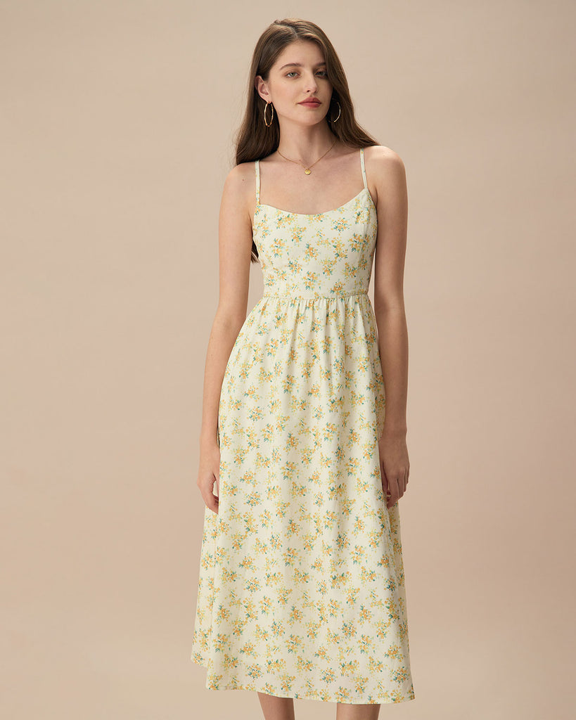 The Ruched Yellow Floral Print Midi Dress Light Yellow Dresses - RIHOAS