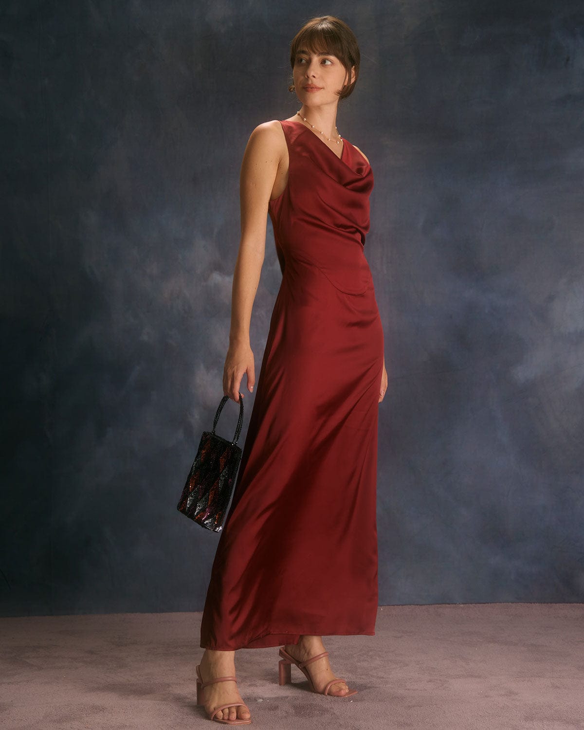 Cowl Neck Satin Open Back Dress in Red