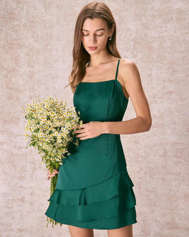 The Green Satin Ruffle Hem Slip Mini Dress Reviews Green Dresses RIHOAS