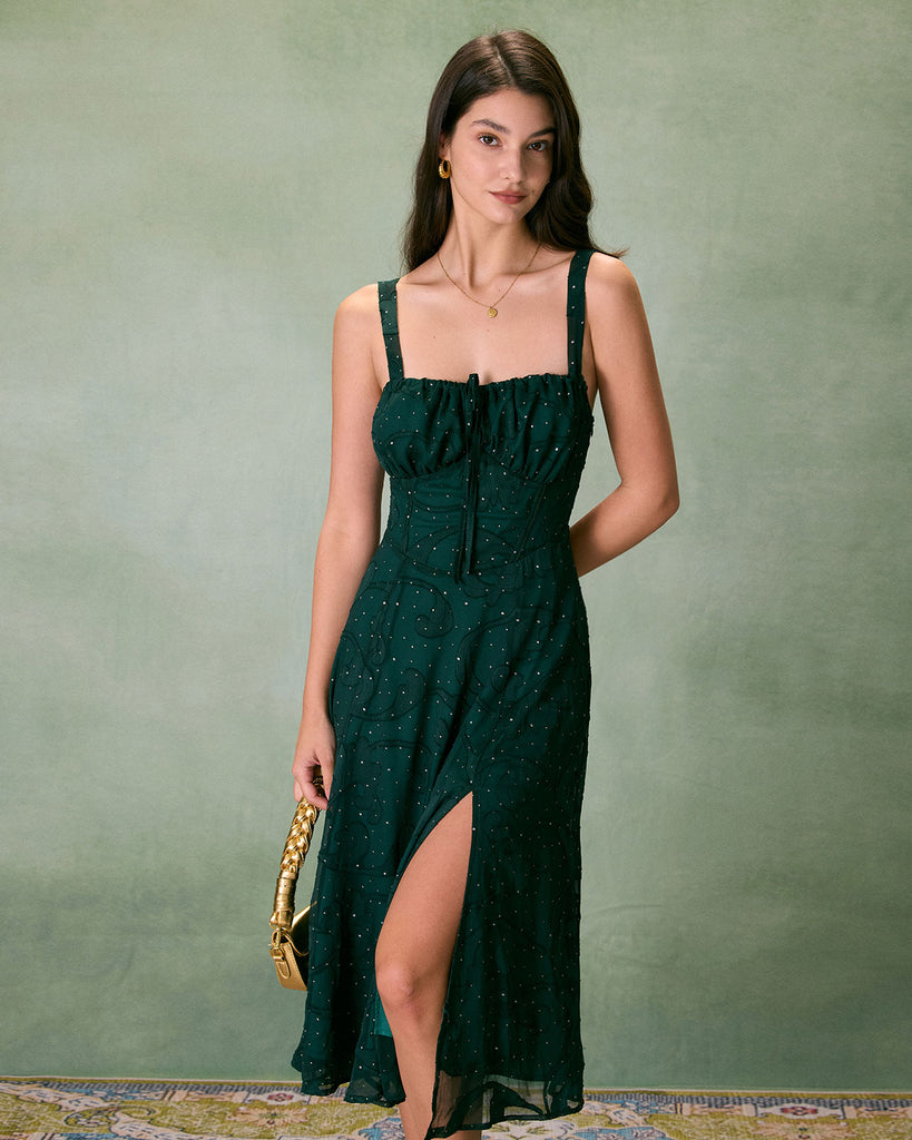 The Square Neck Jacquard Slit Midi Dress Green Dresses - RIHOAS