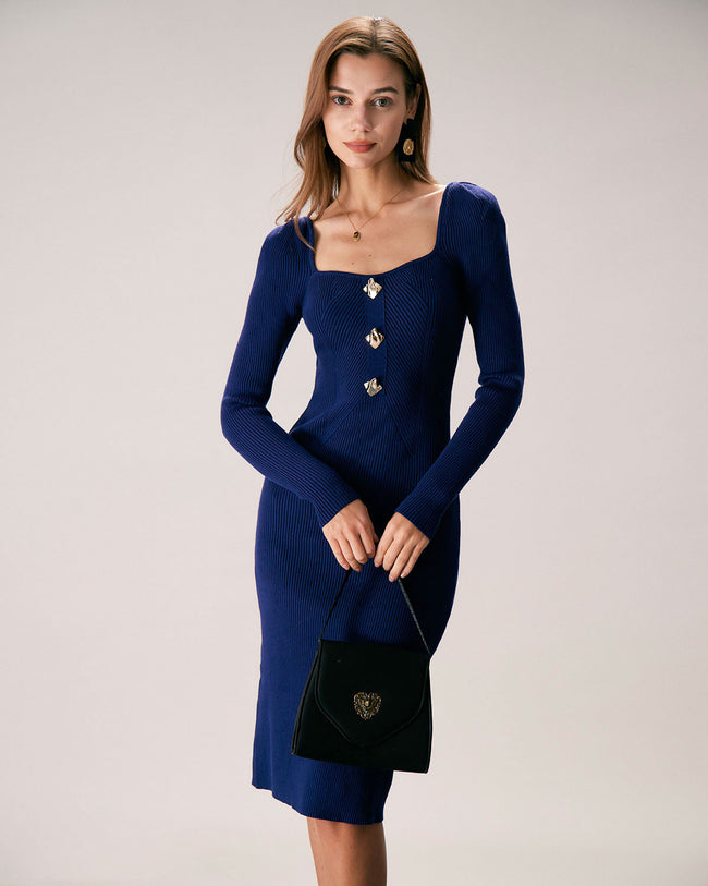 The Blue Square Neck Button Knit Midi Dress & Reviews - Blue