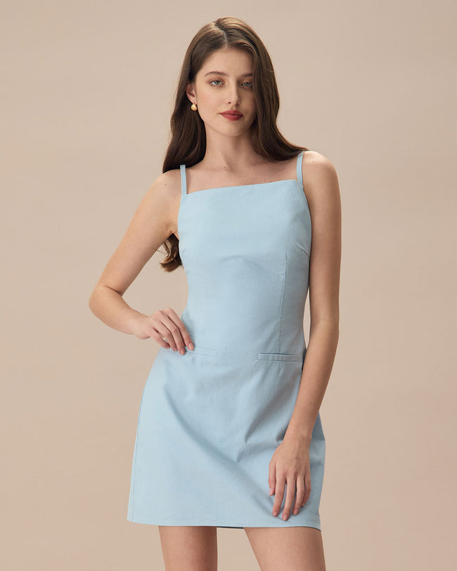 The Blue Square Neck Linen Slip Mini Dress Reviews Baby Blue Dresses RIHOAS