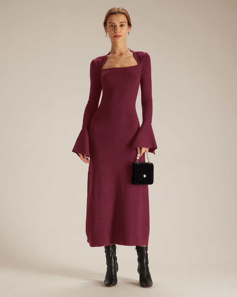 The Square Neck Long Sleeve Sweater Dress Wine Red Dresses - RIHOAS