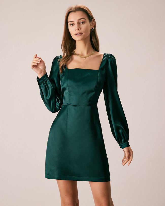 The Green Square Neck Satin A-Line Mini Dress & Reviews - Green - Dresses