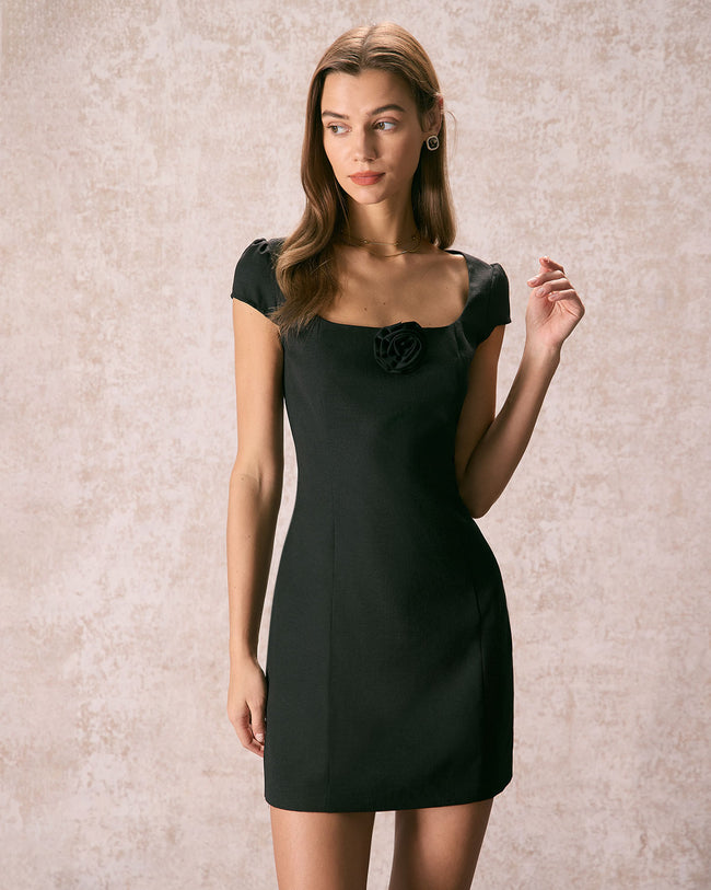 The Black Square Neck Rosette Mini Dress