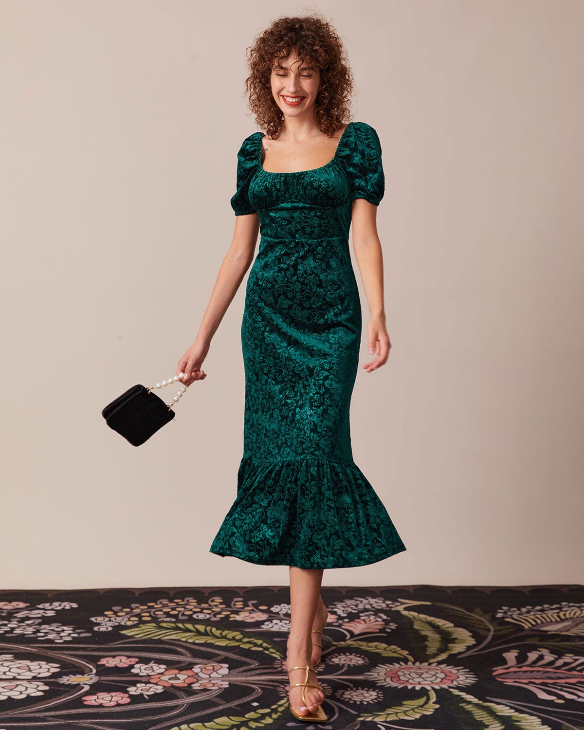The Green Jacquard Mermaid Velvet Maxi Dress