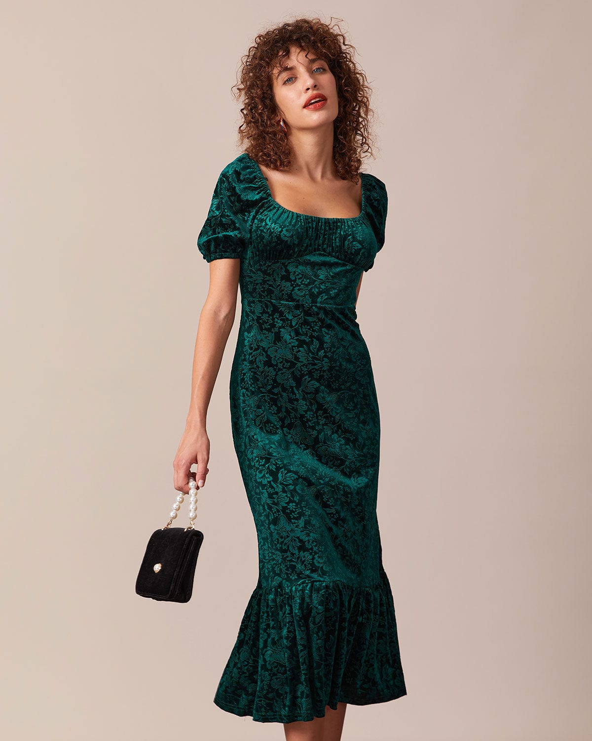 The Green Jacquard Mermaid Velvet Maxi Dress - Long Sleeve, Floral