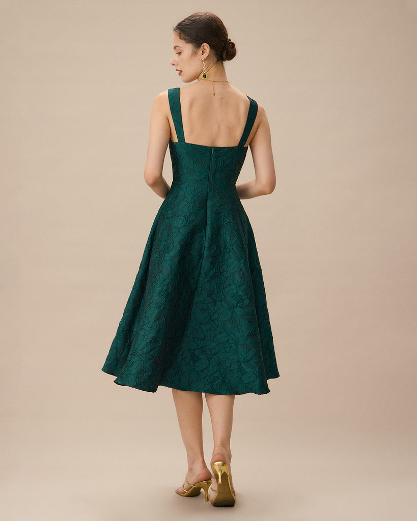 Green Sweetheart Neck Jacquard Midi Dress