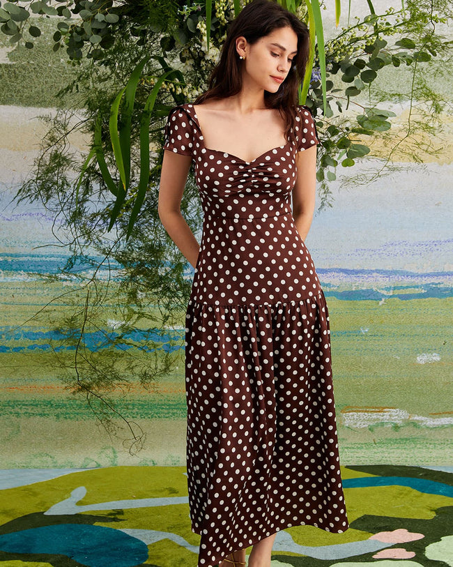 The Brown Polka Dot Ruched Tiered Maxi Dress