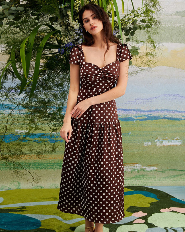 The Brown Polka Dot Ruched Tiered Maxi Dress