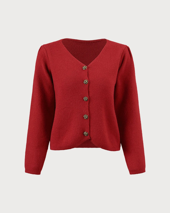 The Red V Neck Button Puff Sleeve Cardigan & Reviews - Red - Tops