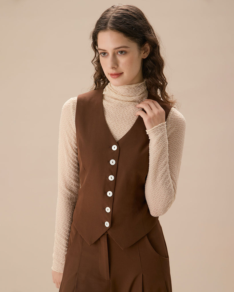 The V-Neck Button Up Vest Brown Tops - RIHOAS