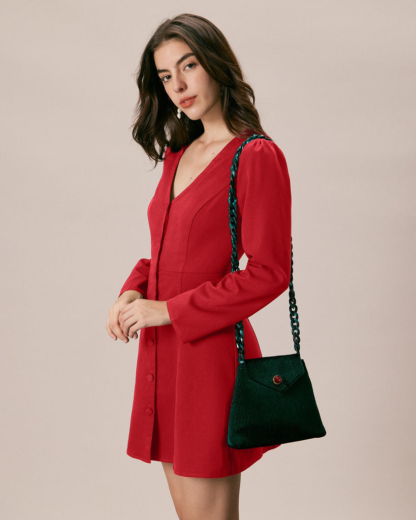 The Red V Neck Button Shirt Mini Dress