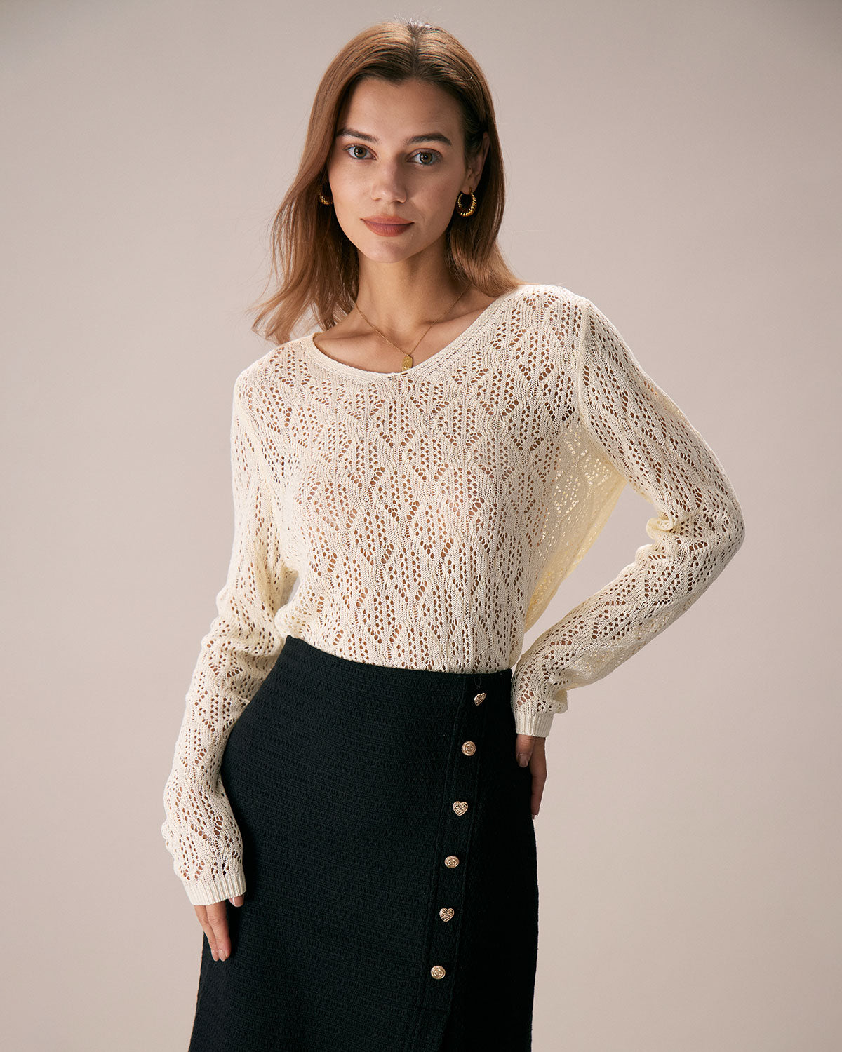 The Apricot V Neck Pointelle Mesh Knit Top