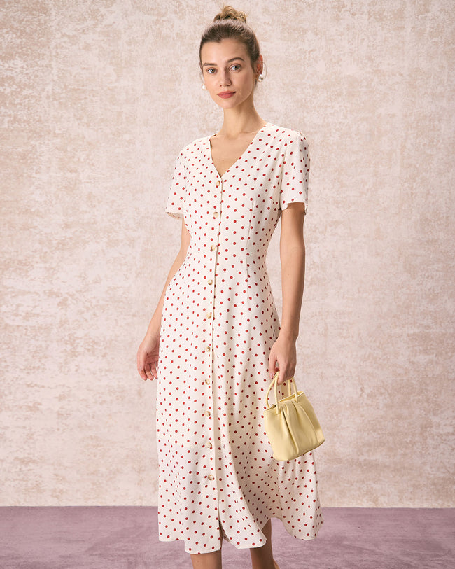 The Beige V Neck Polka Dot Button Midi Dress