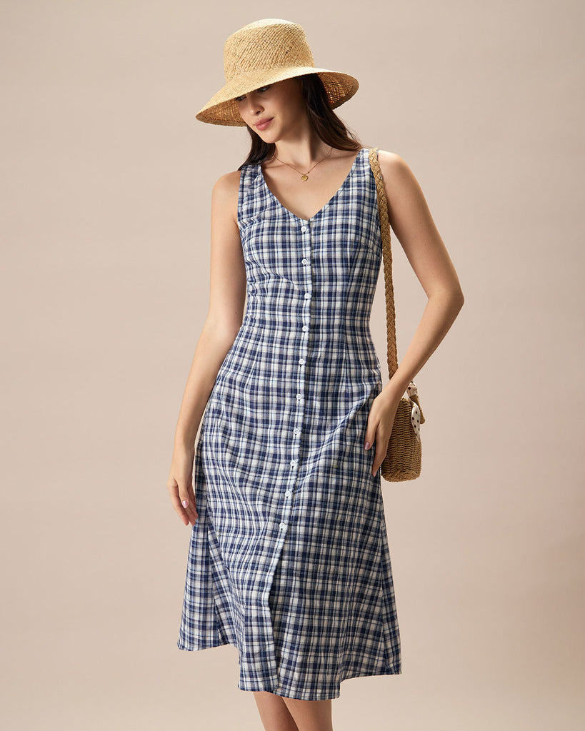 The V Neck Plaid Button Midi Dress Blue Dresses - RIHOAS