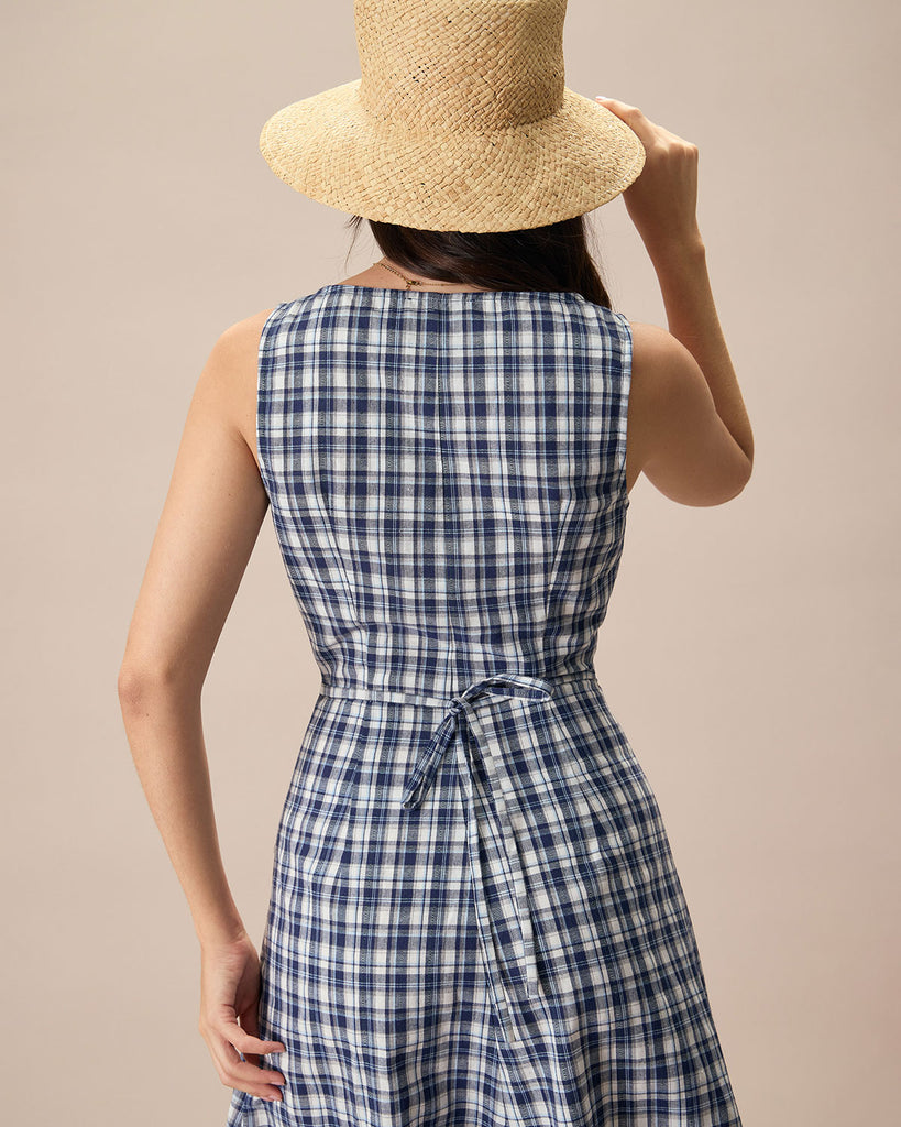 The V Neck Plaid Button Midi Dress Dresses - RIHOAS