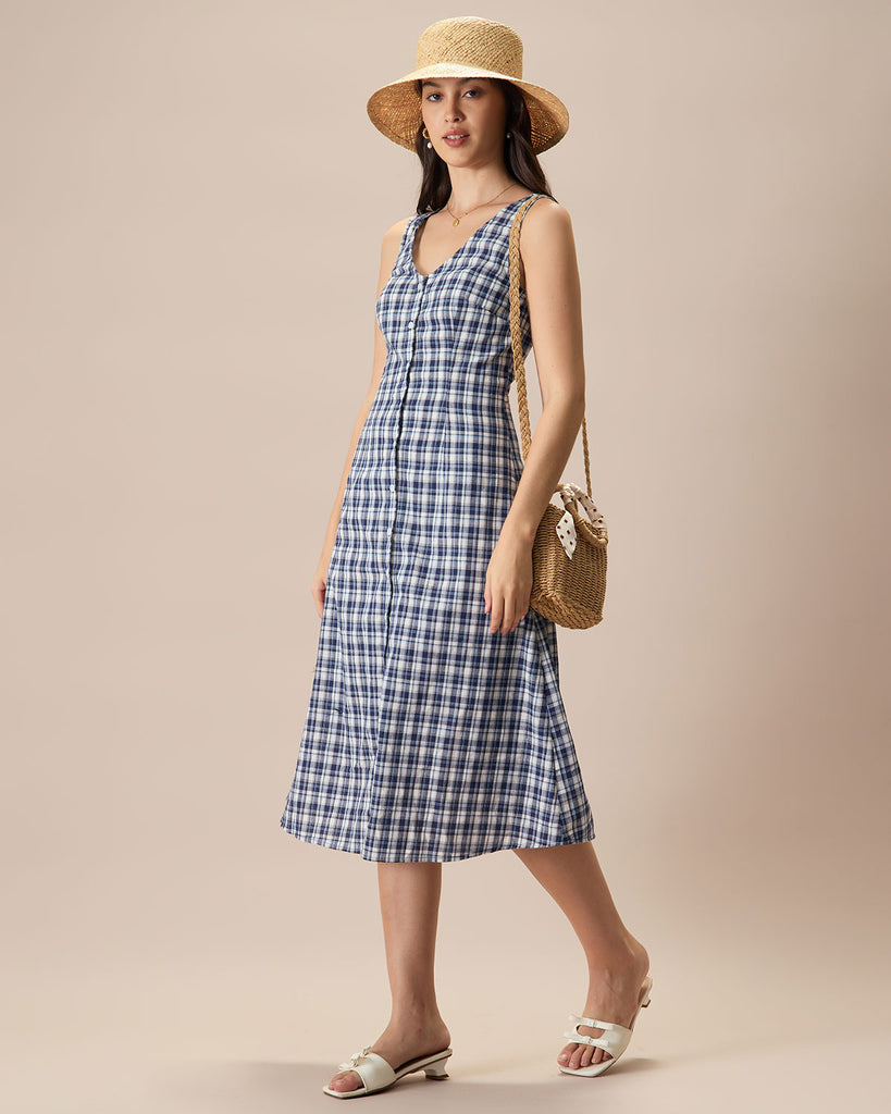 The V Neck Plaid Button Midi Dress Dresses - RIHOAS