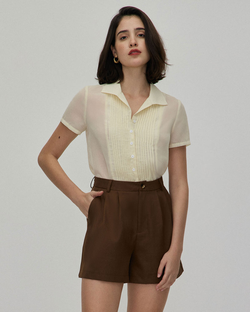 The V Neck Pleated Blouse Tops - RIHOAS