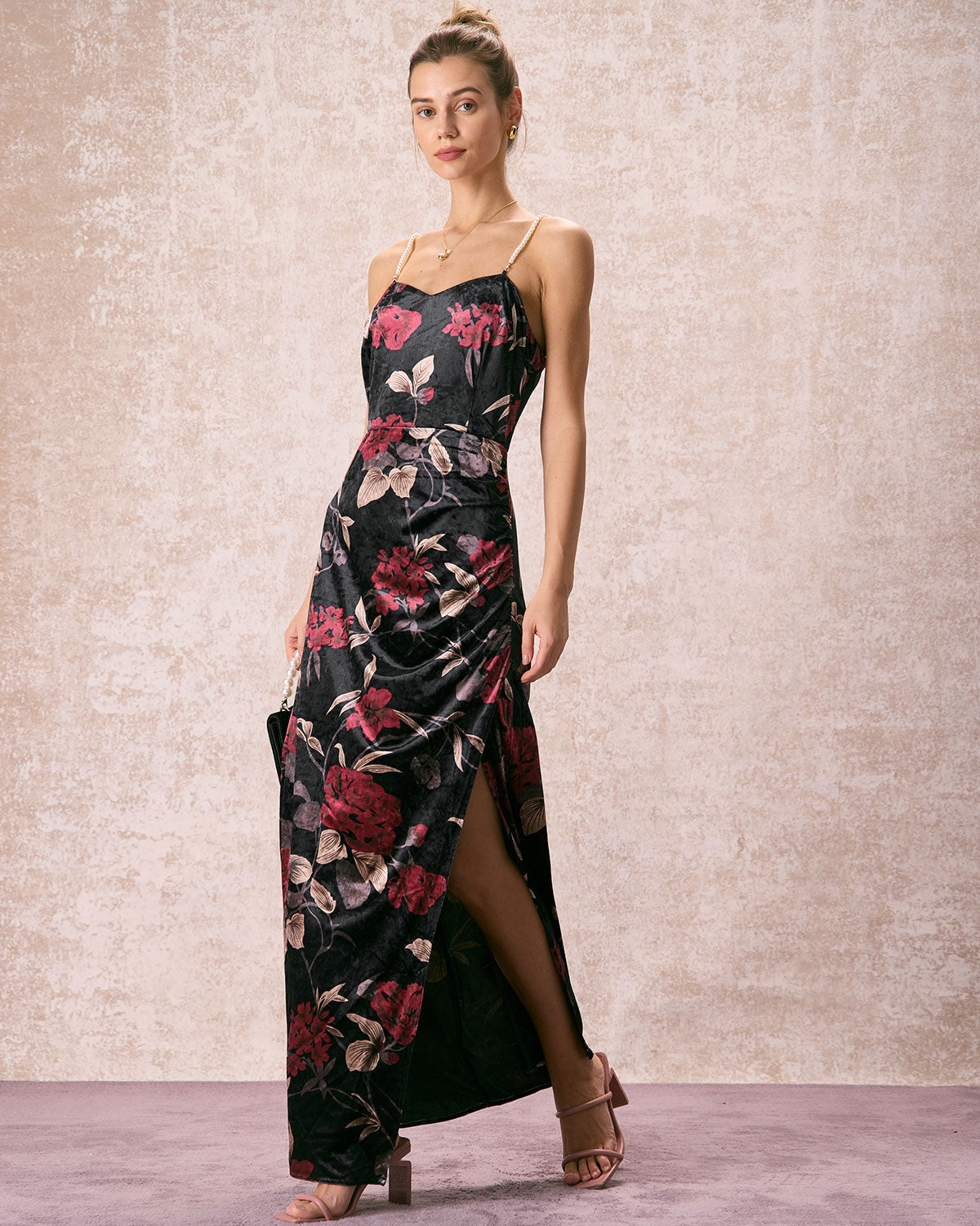 The Black Floral Pearl Slip Velvet Maxi Dress