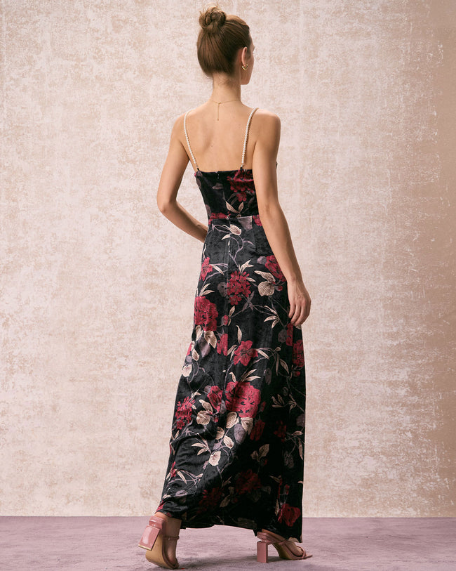 The Black Floral Pearl Slip Velvet Maxi Dress