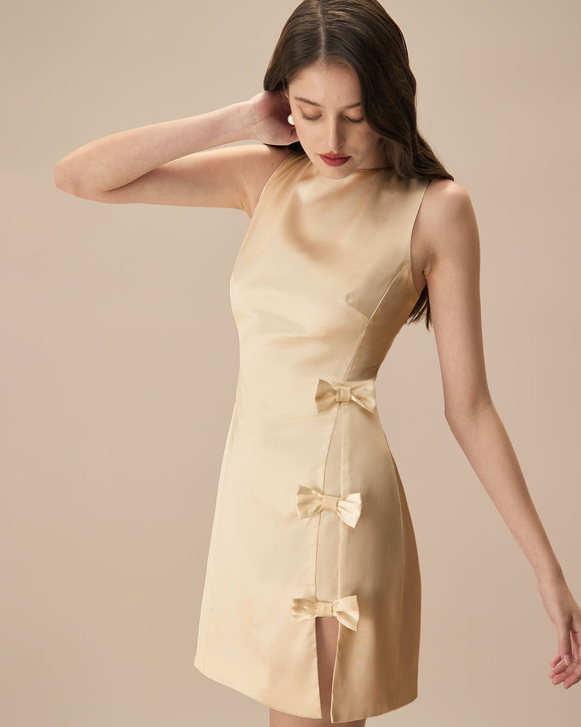 The Yellow Boat Neck Bowknot Satin Mini Dress