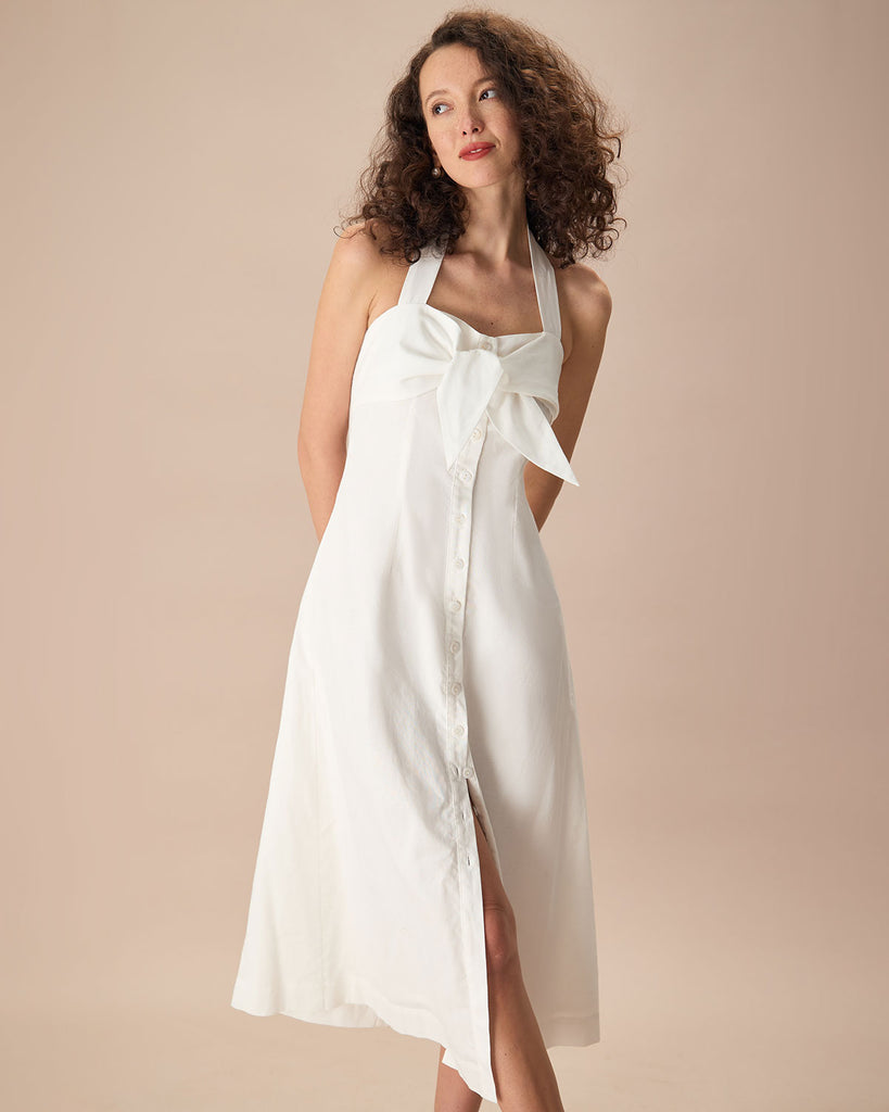 The White Ruched Button Maxi Dress White Dresses - RIHOAS