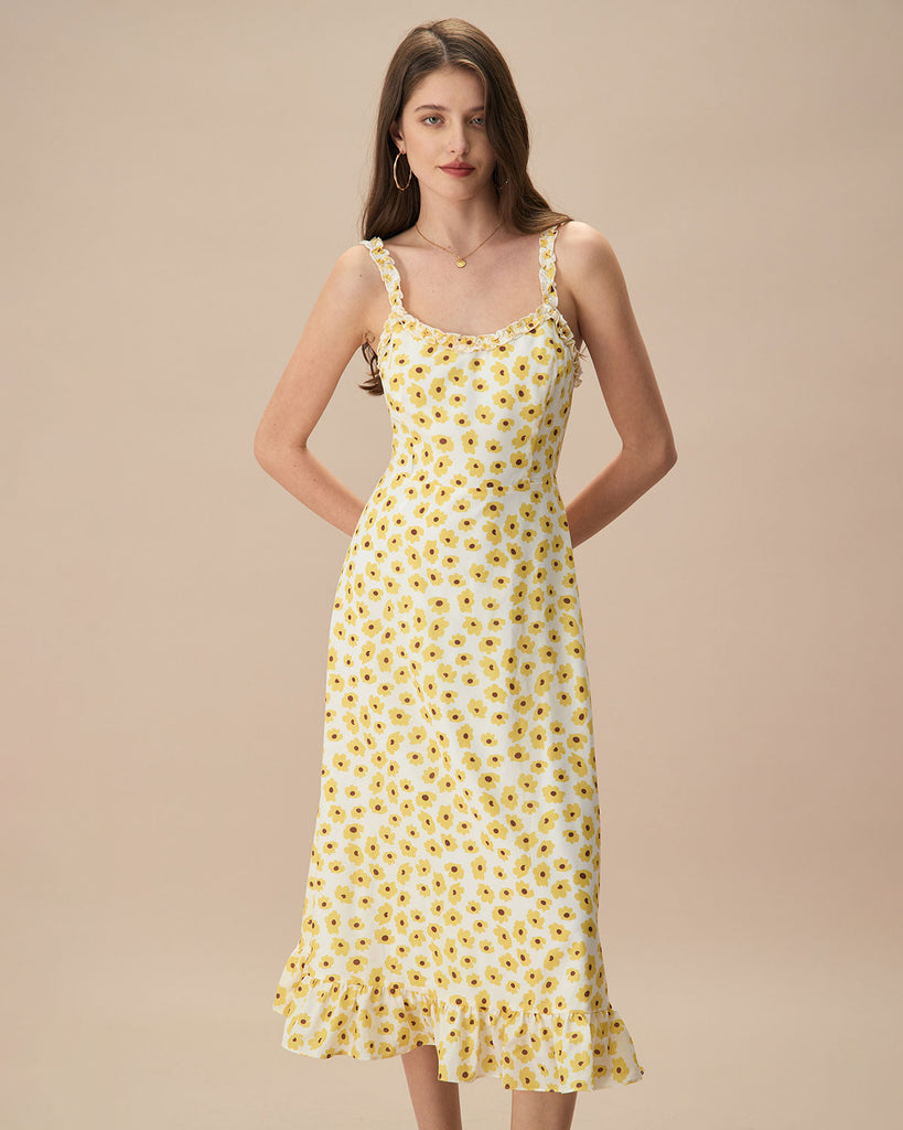 The Yellow Daisy Ruffle Midi Dress Yellow Dresses - RIHOAS