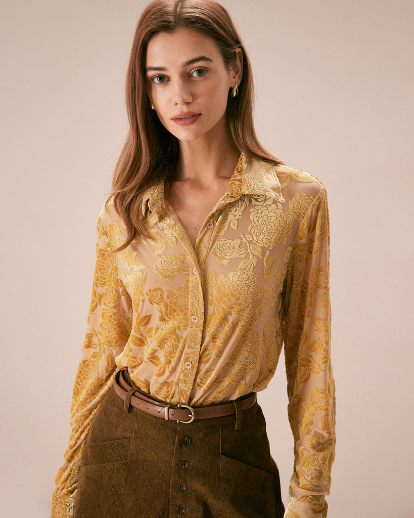 Women's Blouse Shirt Color Block Long Sleeve Shirt Collar Tops Basic Top  Yellow Yellow-L