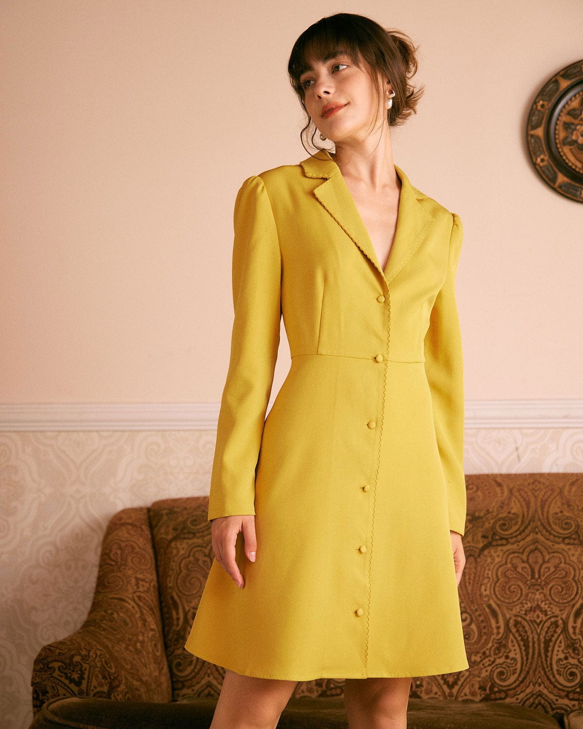 The Yellow Lapel Scalloped Button Mini Dress And Reviews Yellow