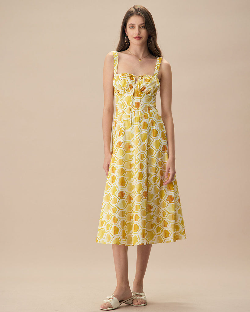 The Yellow Square Neck Tie Midi Dress Dresses - RIHOAS