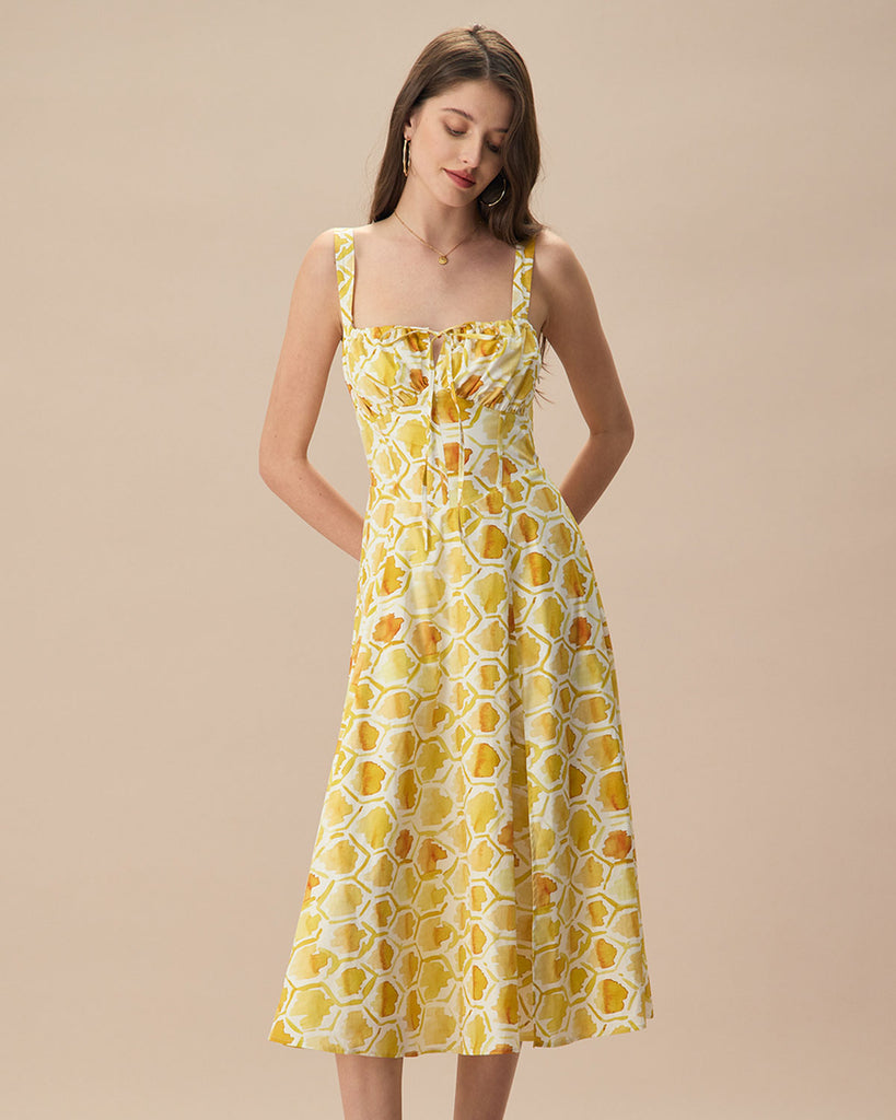 The Yellow Square Neck Tie Midi Dress Dresses - RIHOAS