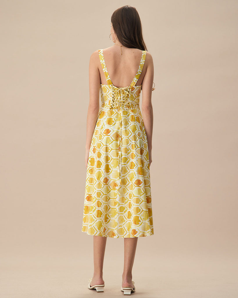 The Yellow Square Neck Tie Midi Dress Dresses - RIHOAS