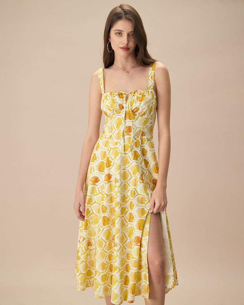 The Yellow Square Neck Tie Midi Dress Yellow Dresses - RIHOAS