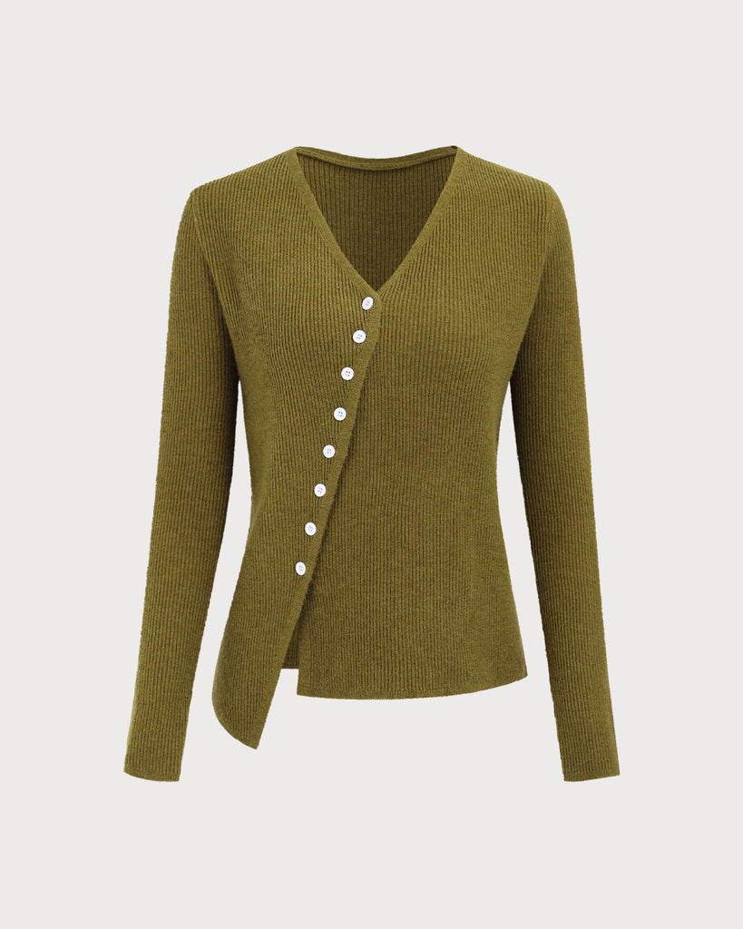 Women's Green V-Neck Ribbed Knit Cardigan