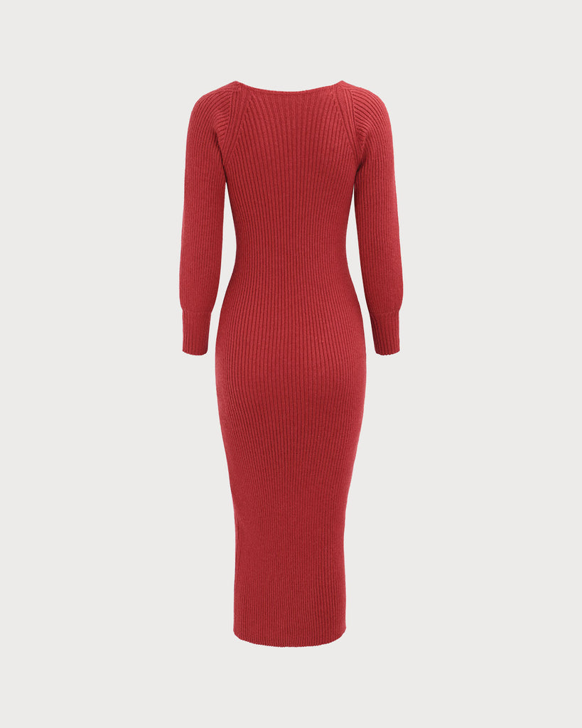 Women's Red Ribbed Knit Bodycon Sweater Dress