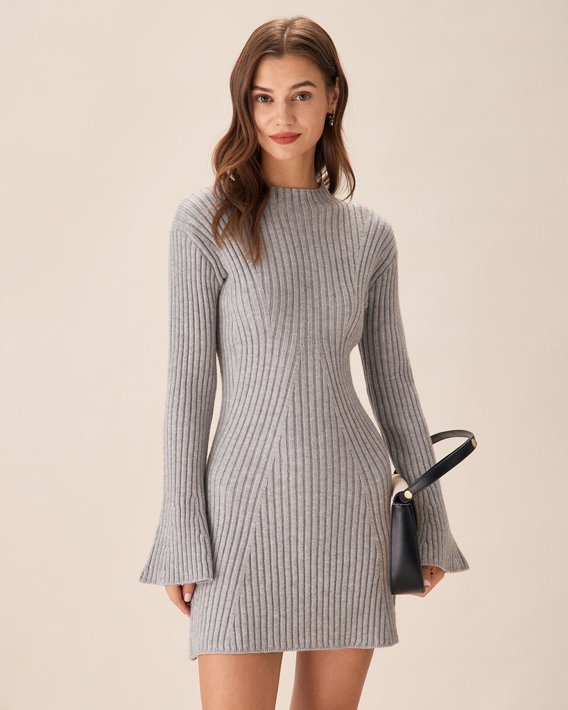 Grey Crew Neck Bell Sleeve Sweater Dress