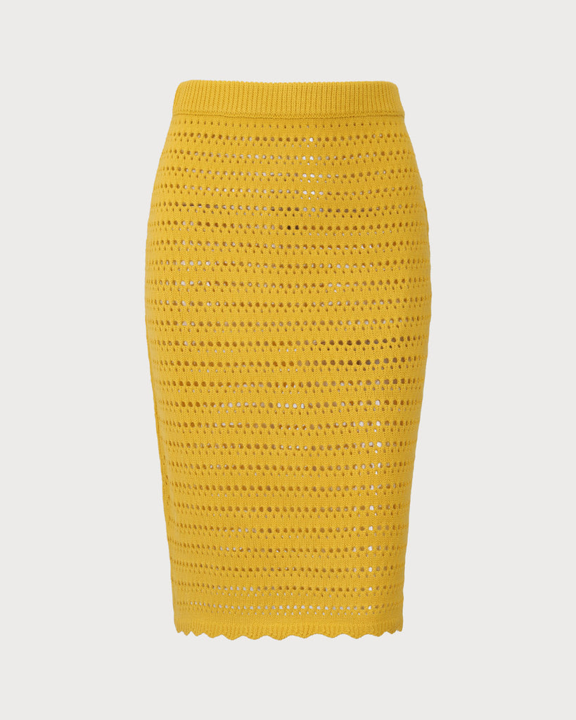 Yellow High-waisted Knee Length Knit Skirt 