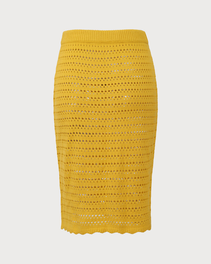 Yellow High-waisted Knee Length Knit Skirt 