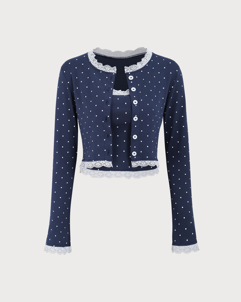 Women's Navy Lace Splicing Knit Cardigan