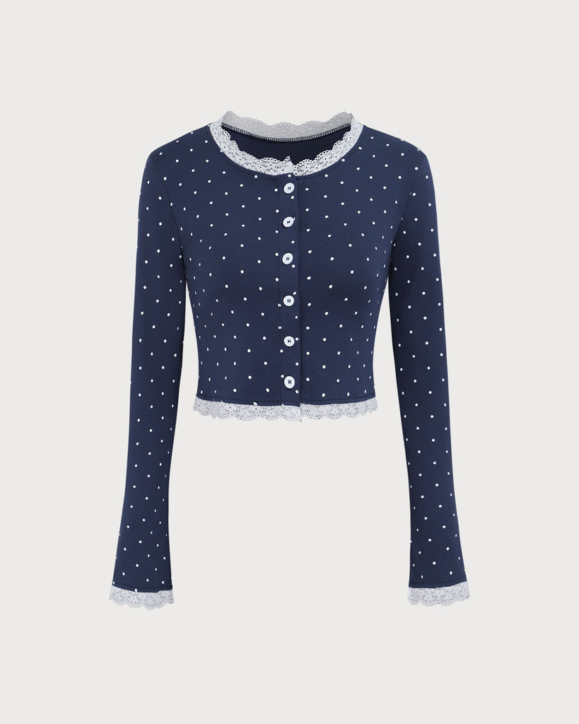 Women's Navy Lace Splicing Knit Cardigan