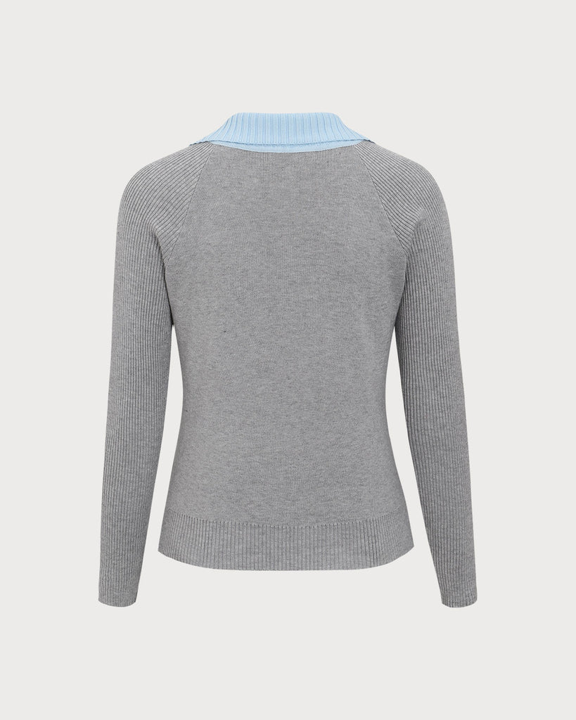 Grey Contrasting V-Neck Slim Sweater