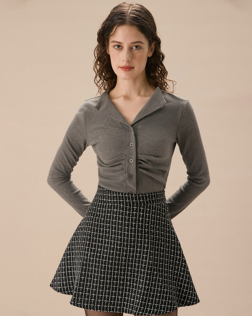 Women's Grey Ruched Single-breasted Cardigan