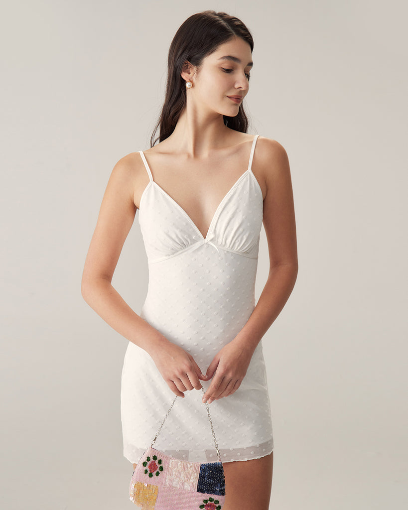 White Mesh V-Neck Slip Mini Dress